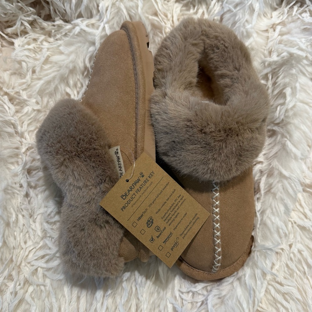 BEARPAW Bella Suede Slippers Women’s 6 NIB Cozy Faux Fur House Shoes